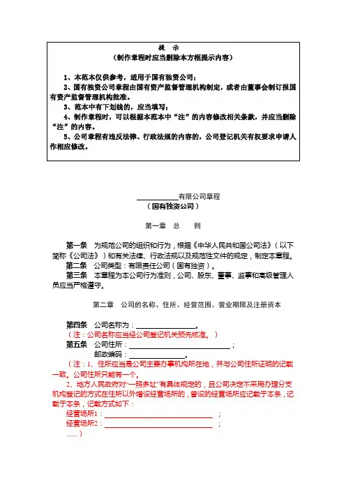 内资有限责任公司范本(国有独资公司)