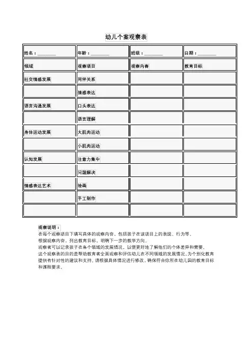 幼儿园大班幼儿个案观察表