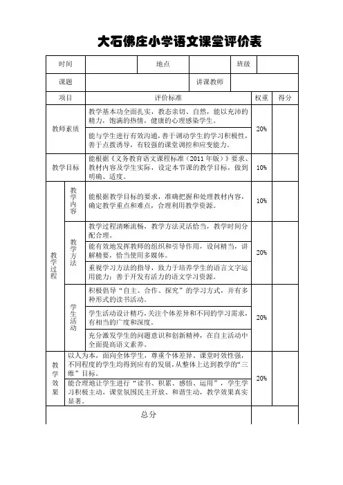 小学语文课堂教学评价表