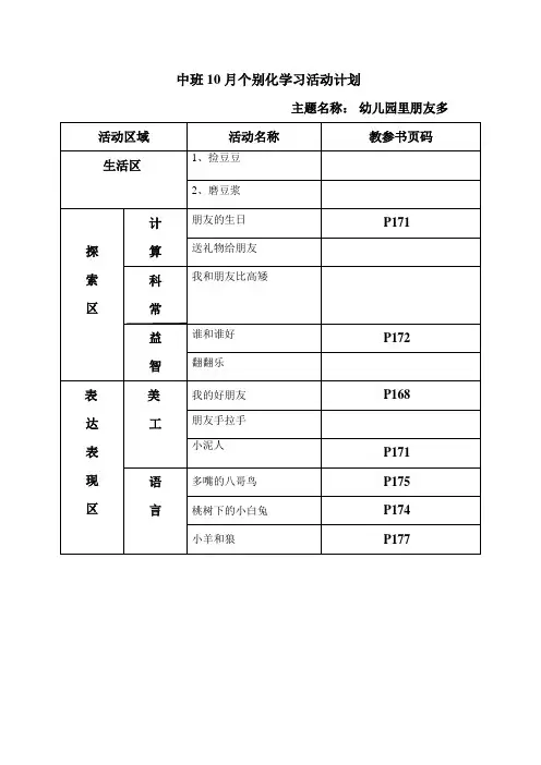 《幼儿园里朋友多》个别化学习活动计划