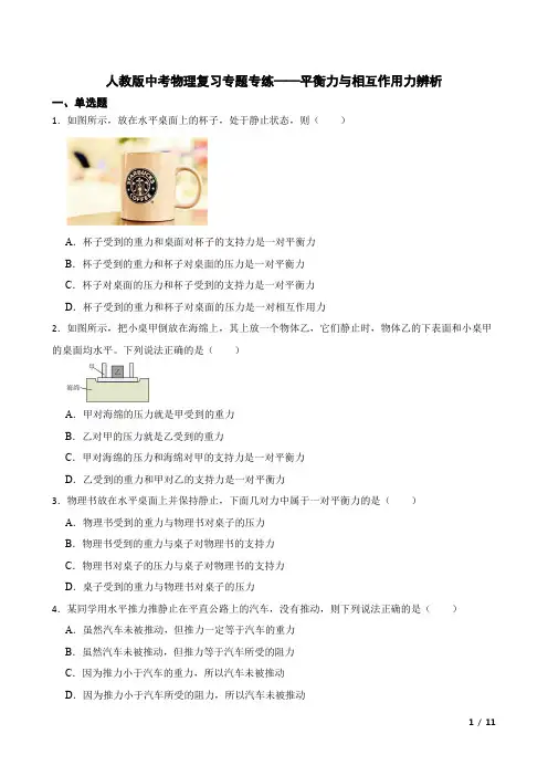 人教版中考物理专题专练-平衡力与相互作用力辨析