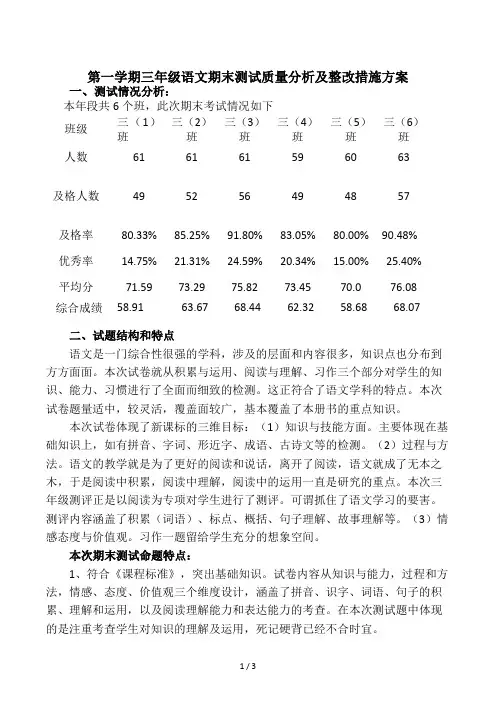 第一学期三年级语文期末测试质量分析及整改措施方案