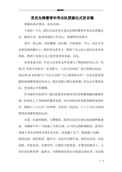 党员先锋暨青年突击队授旗仪式发言稿