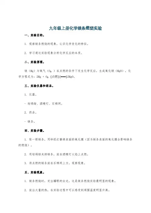 九年级上册化学镁条燃烧实验