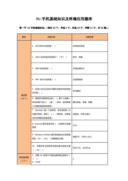 3G手机基础知识及终端应用题库