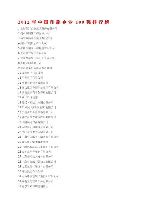 2012年中国印刷企业100强排行榜