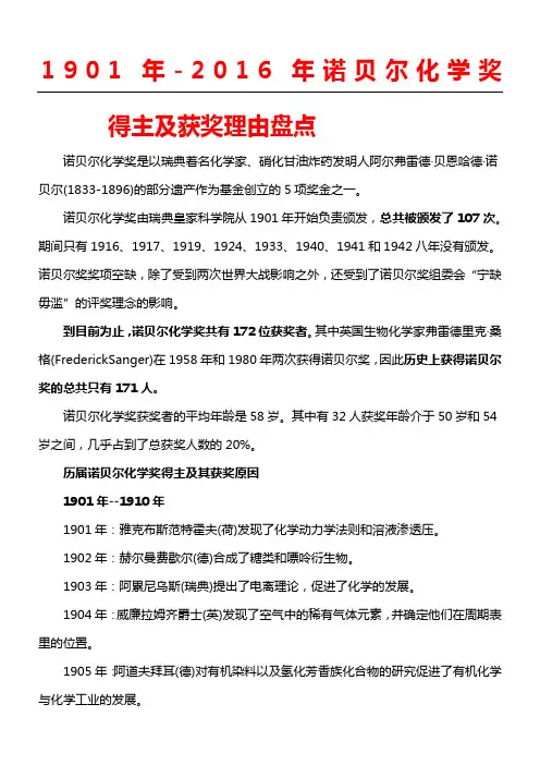 1901年-2016年诺贝尔化学奖得主及获奖理由盘点