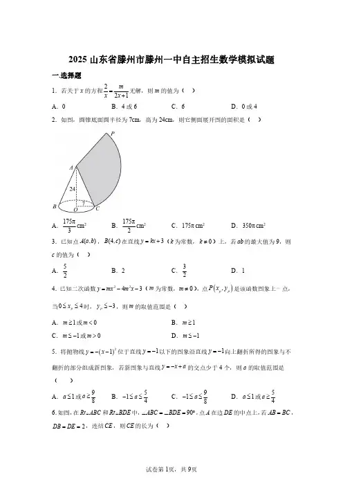 2025年山东枣庄滕州一中自主招生数学模拟试卷(含答案详解)