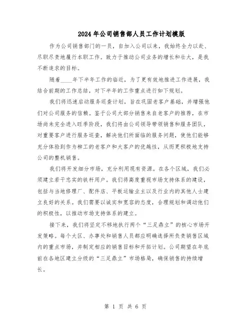 2024年公司销售部人员工作计划模版（三篇）
