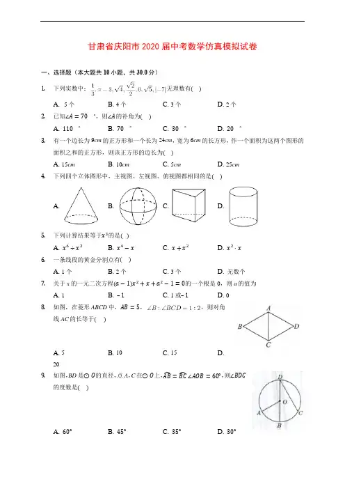 甘肃省庆阳市2020届中考数学仿真模拟试卷 (含解析)