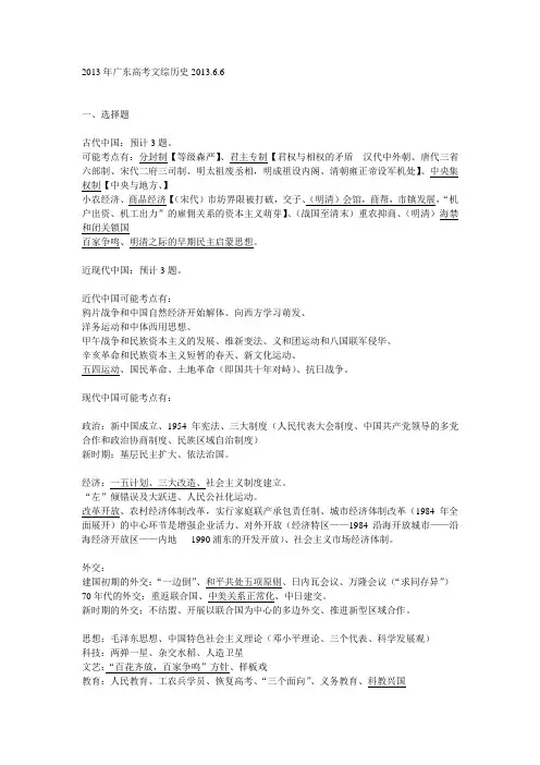 2013年高考文综历史考点