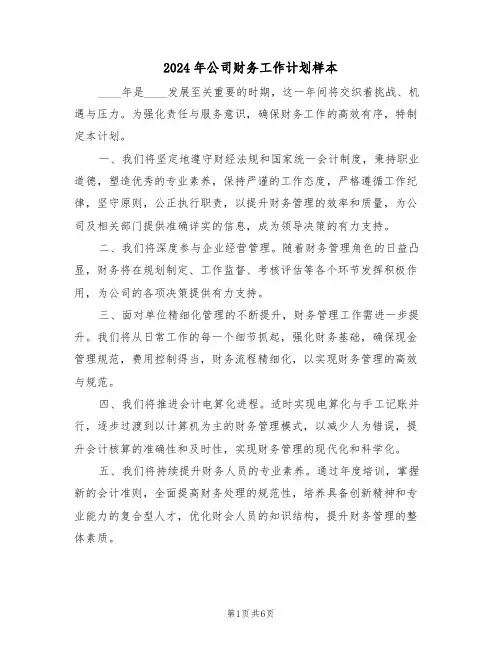 2024年公司财务工作计划样本（三篇）