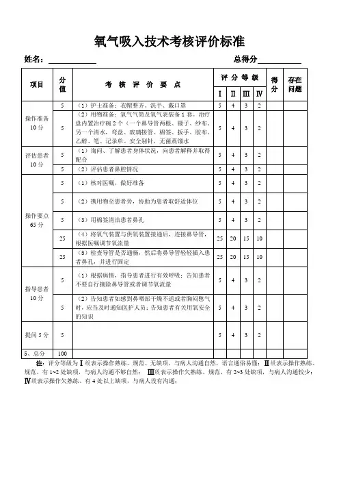 氧气吸入技术考核评价标准