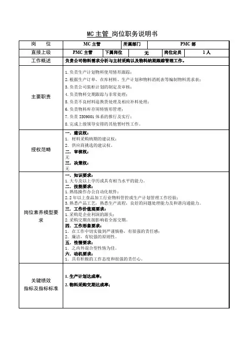 MC主管岗位说明书