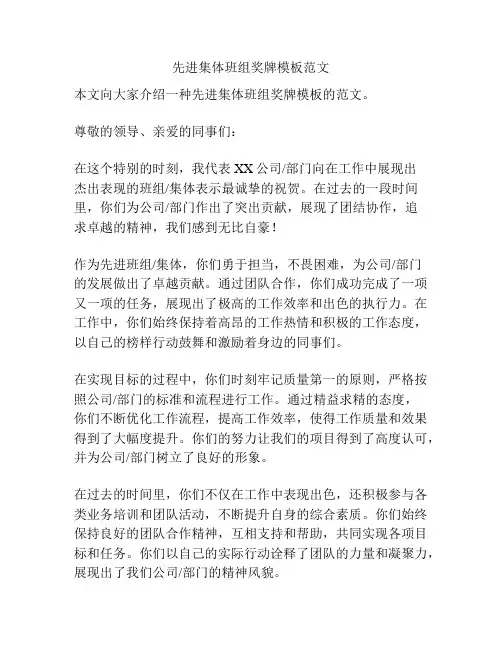 先进集体班组奖牌模板范文