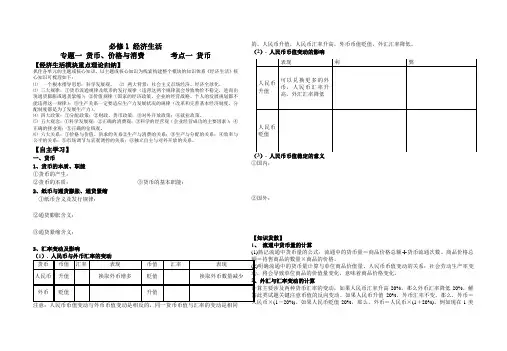 专题一 货币、价格与消费考点一 货币导学案