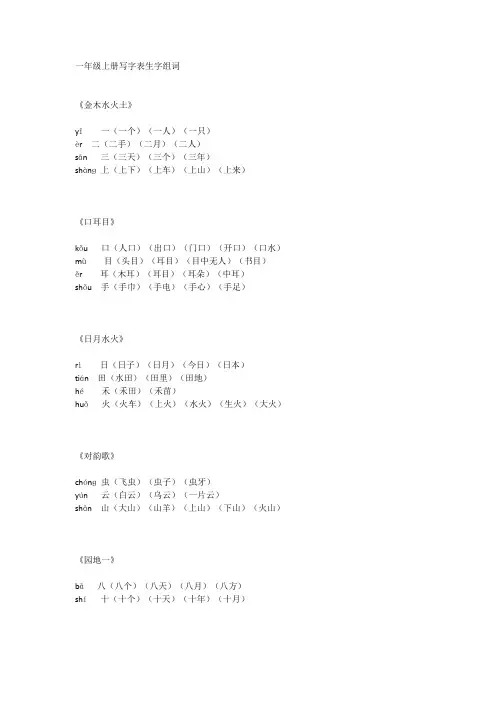 人教版一年级上册写字表组词