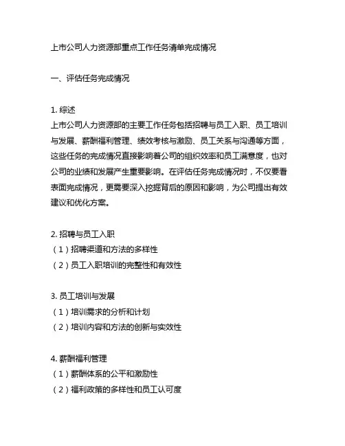 上市公司人力资源部重点工作任务清单完成情况