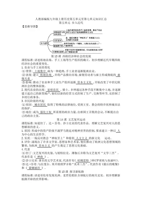 人教部编版九年级上册历史第五单元至第七单元知识汇总