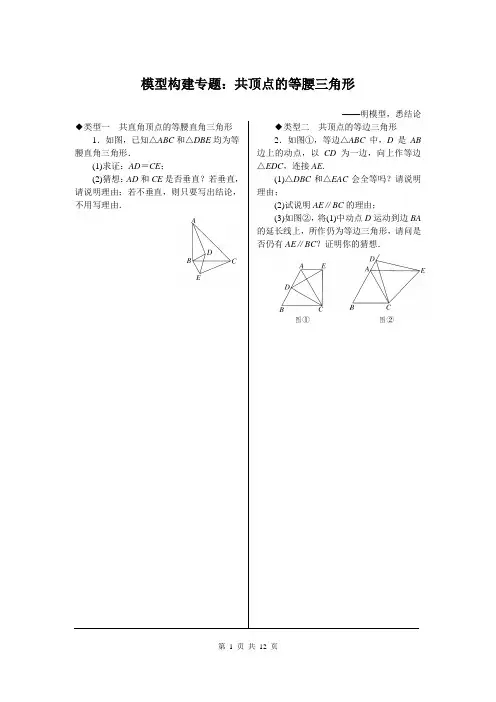 人教版八年级数学上册7.模型构建专题：共顶点的等腰三角形