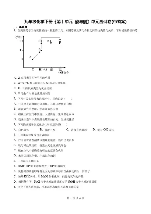 九年级化学下册《第十单元 酸与碱》单元测试卷(带答案)
