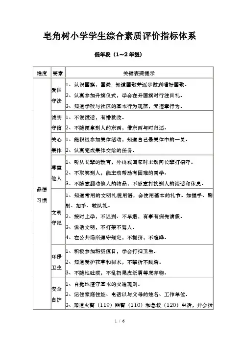 完美版小学生综合素质评价指标体系