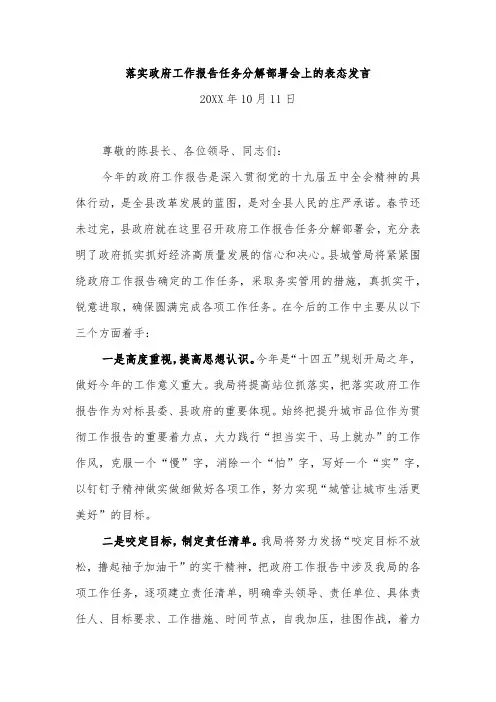 落实政府工作报告任务分解部署会上的表态发言