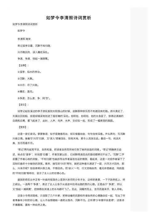 如梦令李清照诗词赏析