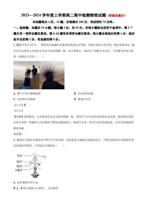 湖北省武汉市2023-2024学年高二上学期11月期中检测物理试题含解析