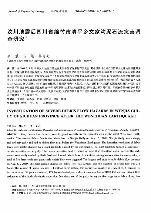 汶川地震后四川省绵竹市清平乡文家沟泥石流灾害调查研究