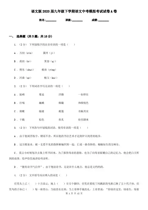 语文版2020届九年级下学期语文中考模拟考试试卷A卷