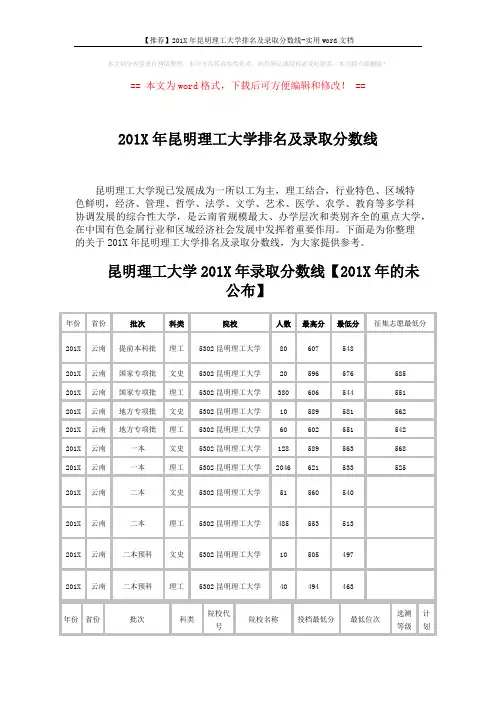 【推荐】201X年昆明理工大学排名及录取分数线-实用word文档 (5页)