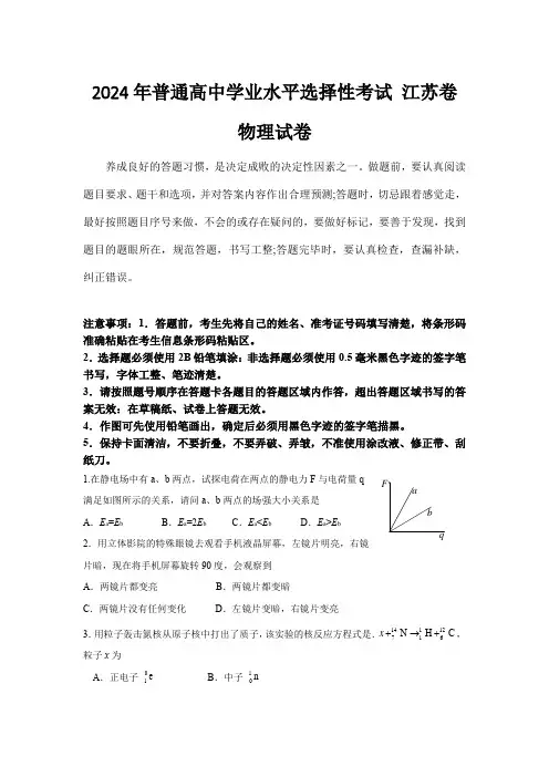 (2024年高考真题)2024年普通高中学业水平选择性考试物理试卷 江苏卷(无答案)