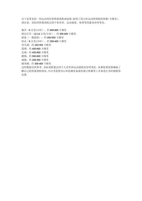 运动热量消耗表标准