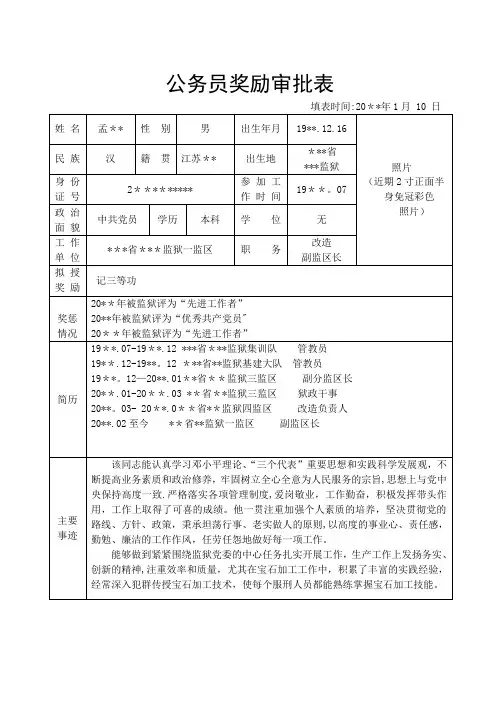 公务员奖励审批表(模板)