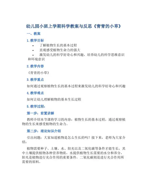 幼儿园小班上学期科学教案与反思《青青的小草》