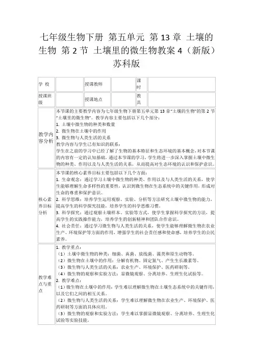 七年级生物下册第五单元第13章土壤的生物第2节土壤里的微生物教案4(新版)苏科版