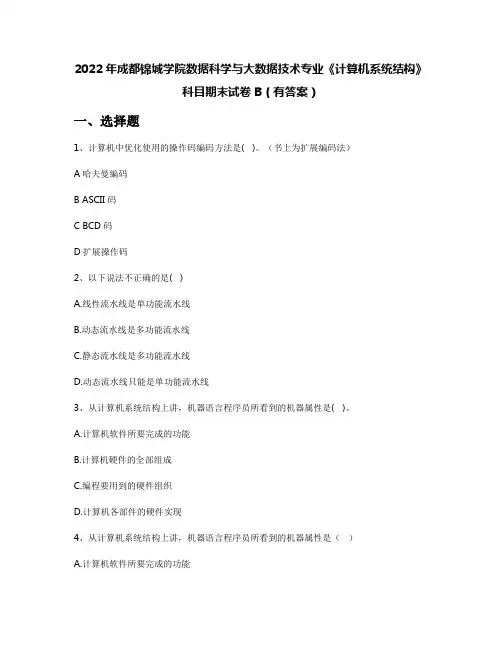 2022年成都锦城学院数据科学与大数据技术专业《计算机系统结构》科目期末试卷B(有答案)