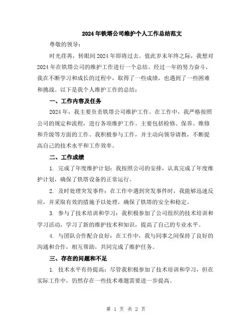 2024年铁塔公司维护个人工作总结范文