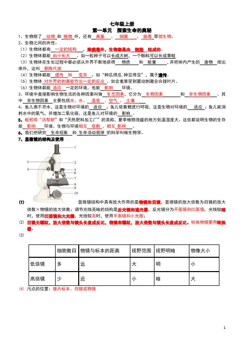 2023-2024学年苏教版生物七年级上册期末知识点总结