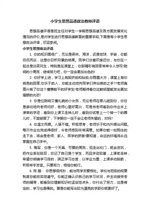 小学生思想品德政治教师评语