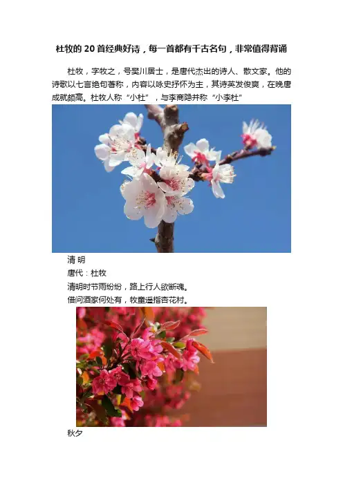 杜牧的20首经典好诗，每一首都有千古名句，非常值得背诵