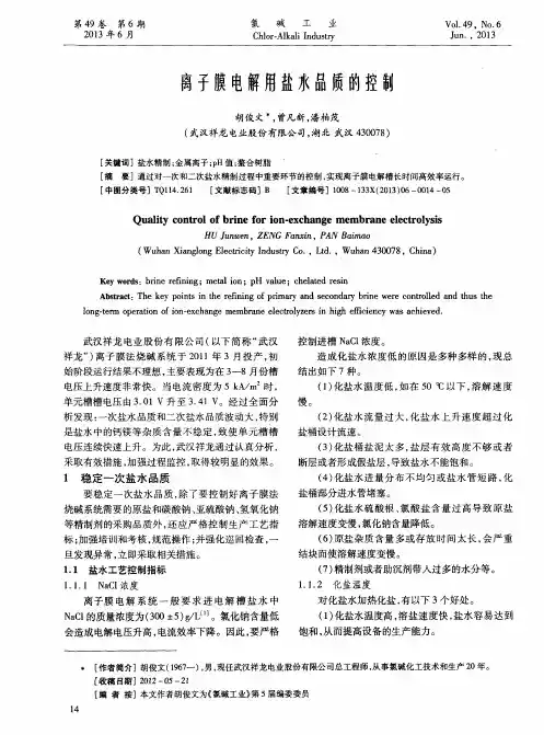 离子膜电解用盐水品质的控制
