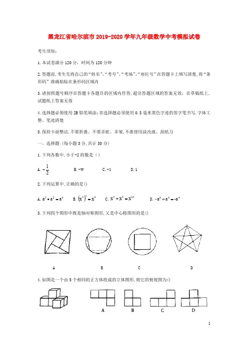黑龙江省哈尔滨市2019-2020学年九年级数学中考模拟试卷含答案