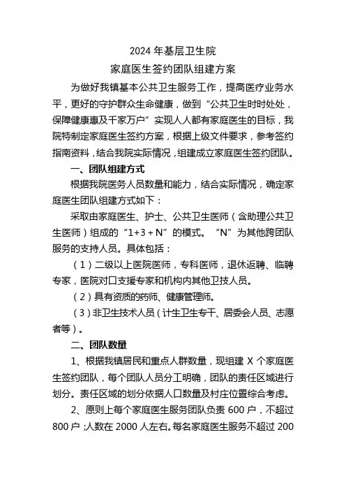2024年卫生院家庭医生团队组建方案