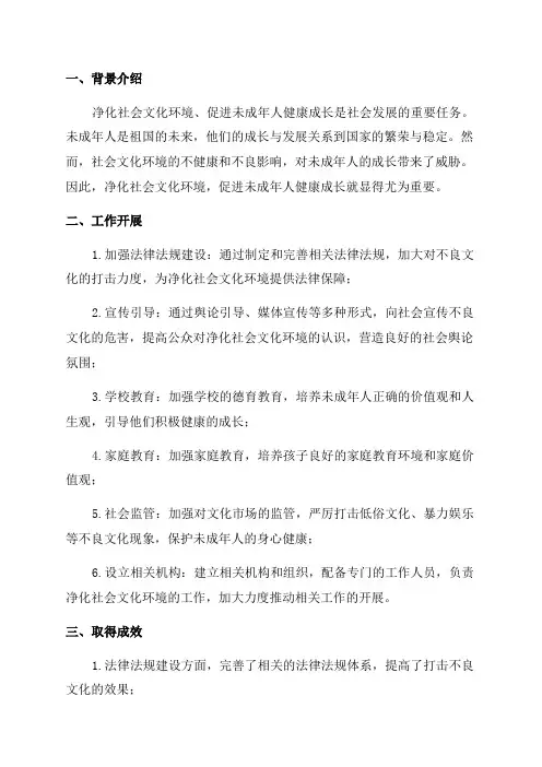 净化社会文化环境促进未成年人健康成长工作总结