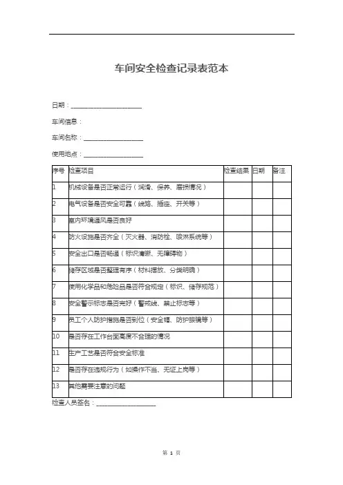 车间安全检查记录表范本