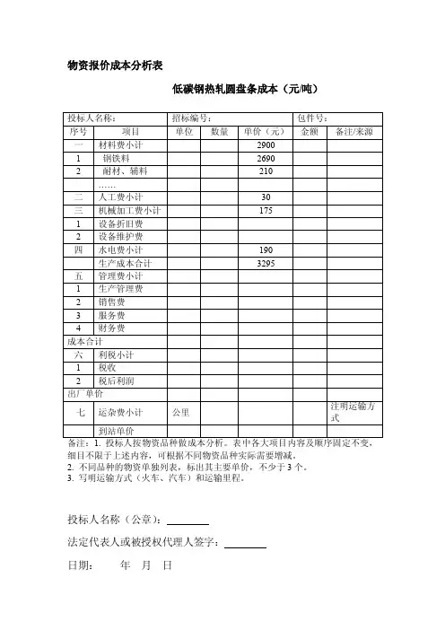 [讲解]物资报价成本分析表