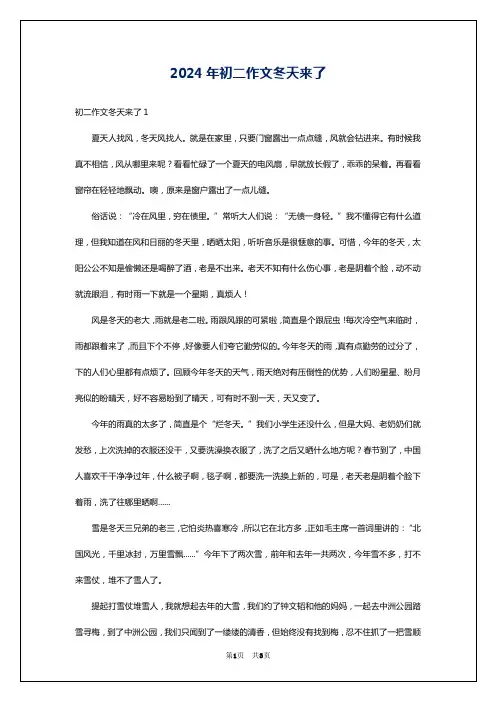 2024年初二作文冬天来了