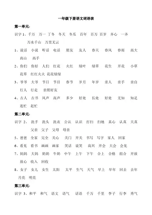一年级下册语文词语表